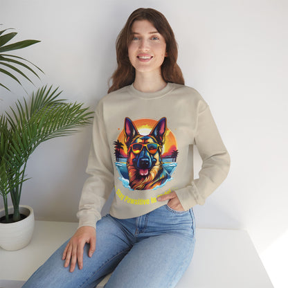 Woman wearing a sand unisex heavy blend crewneck sweatshirt featuring colorful German Shepherd dog artwork and relaxed casual style.