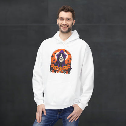Man wearing a white Halloween hoodie featuring a spooky dog in a purple hooded costume with pumpkins, bats, and Halloween lettering, festive dog lover hoodie mockup with cozy autumn fashion style.