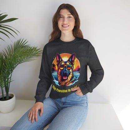 Woman modeling a dark heather unisex heavy blend crewneck sweatshirt featuring colorful German Shepherd artwork and dog lover theme.