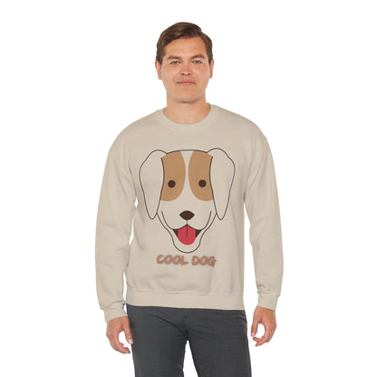Man wearing a sand unisex heavy blend crewneck sweatshirt with cute “Cool Dog” dog lover graphic and relaxed everyday comfort fit.