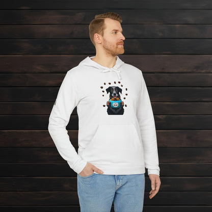 Man wearing a white adidas unisex fleece hoodie featuring playful puppy and coffee lover graphic artwork.
