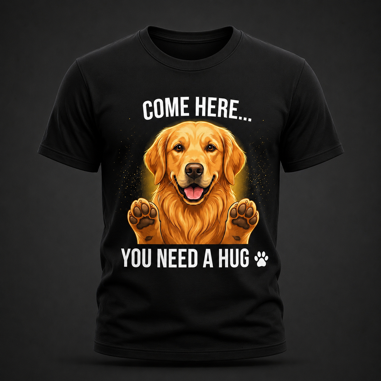 Black Golden Retriever dog lover T-shirt mockup featuring the quote “COME HERE… YOU NEED A HUG,” premium realistic graphic tee with glowing dog illustration, stylish dark background product presentation, high-quality pet lover apparel display for ecommerce and print-on-demand stores.