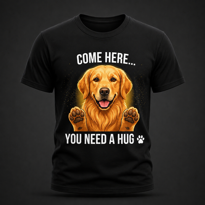 Black Come Here You Need a Hug t-shirt shown against a dark studio background