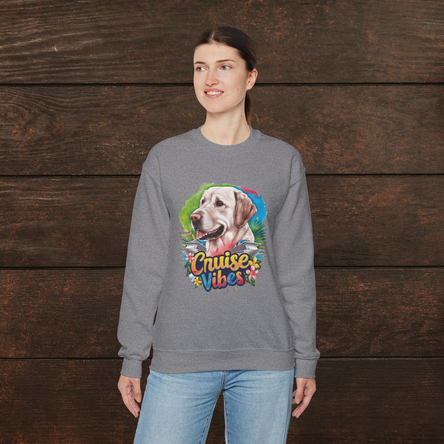 Cruise Vibes – Unisex Heavy Blend™ Crewneck Sweatshirt Featuring a Labrador 🐾🛳️🐕