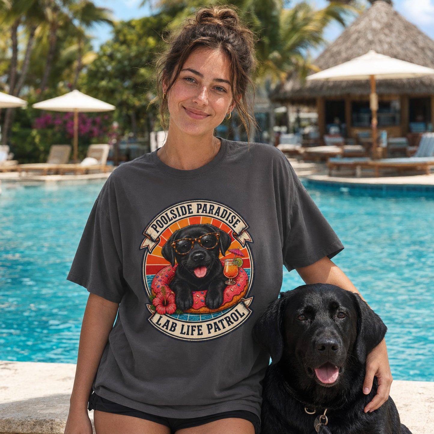 Poolside Paradise T-Shirt | Black Labrador Puppy Pool Float Tee | Pet Print Lab