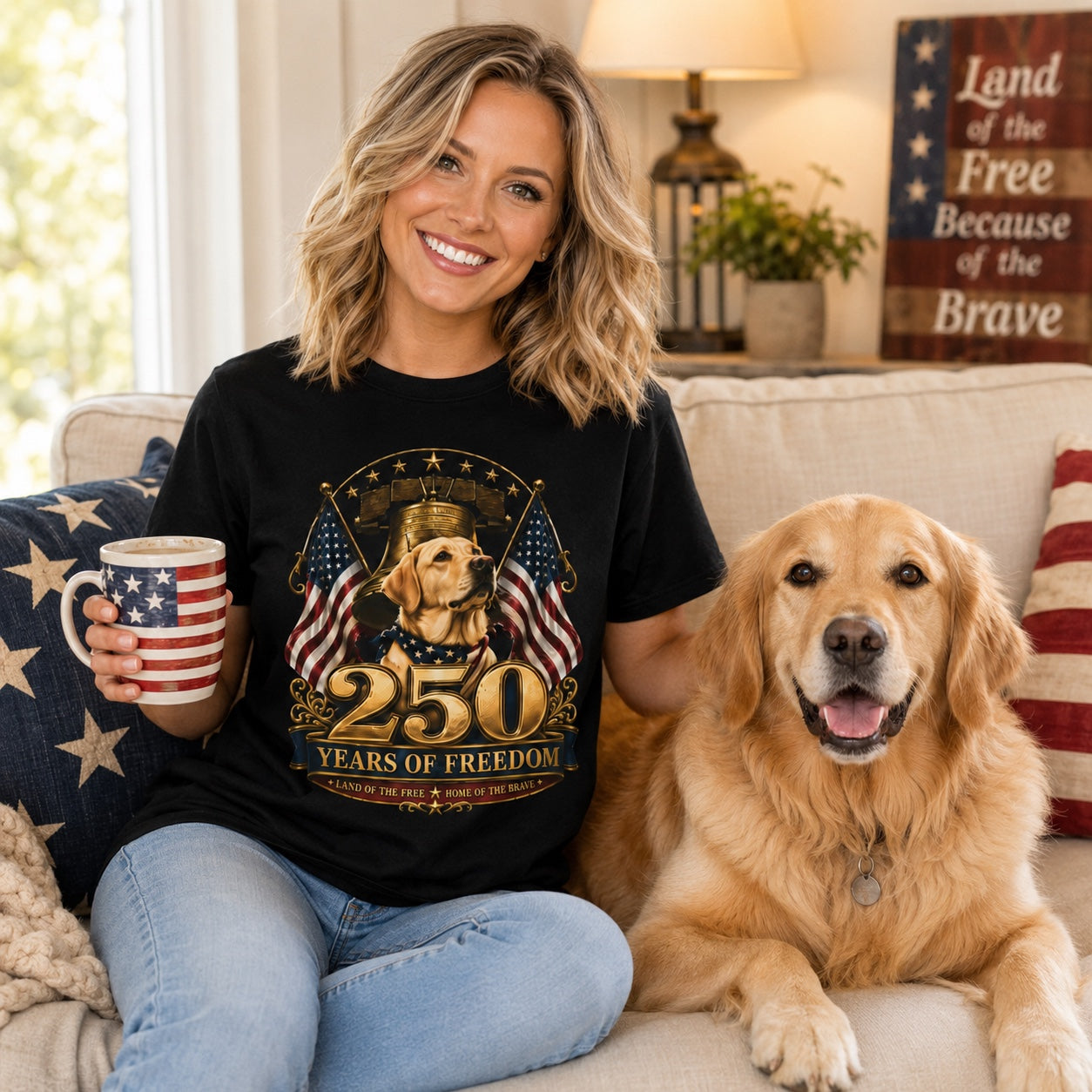 Woman in a black patriotic dog t-shirt sitting on a couch with a golden retriever