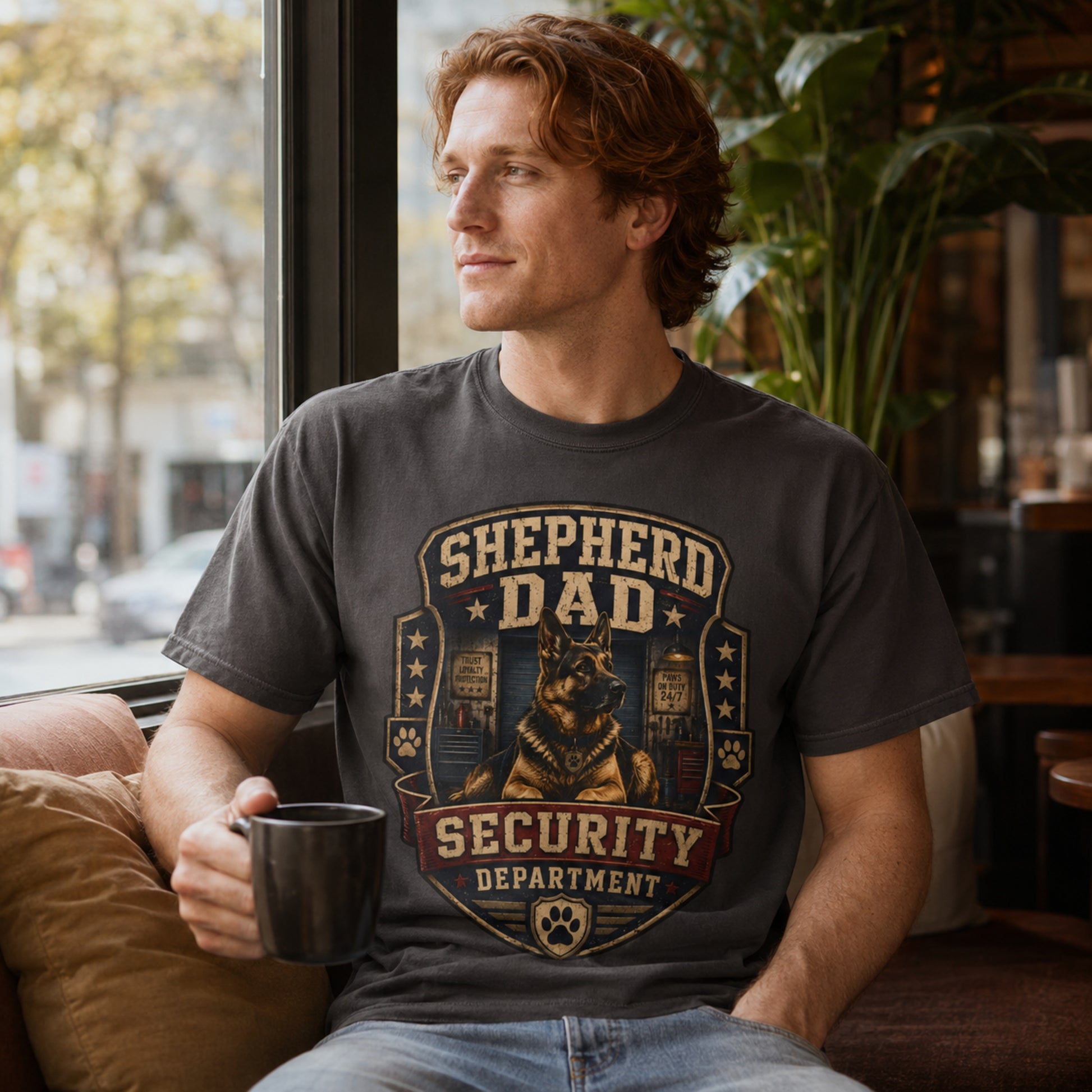 Model wearing a graphite Shepherd Dad Security Department t-shirt with a German Shepherd in a lifestyle scene
