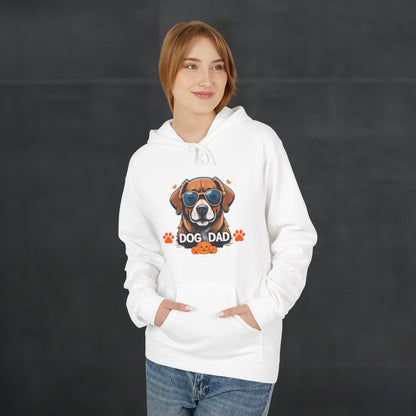 Woman wearing a white “Dog Dad” hoodie featuring vibrant dog face artwork, stylish dog lover hoodie with clean modern casual look.