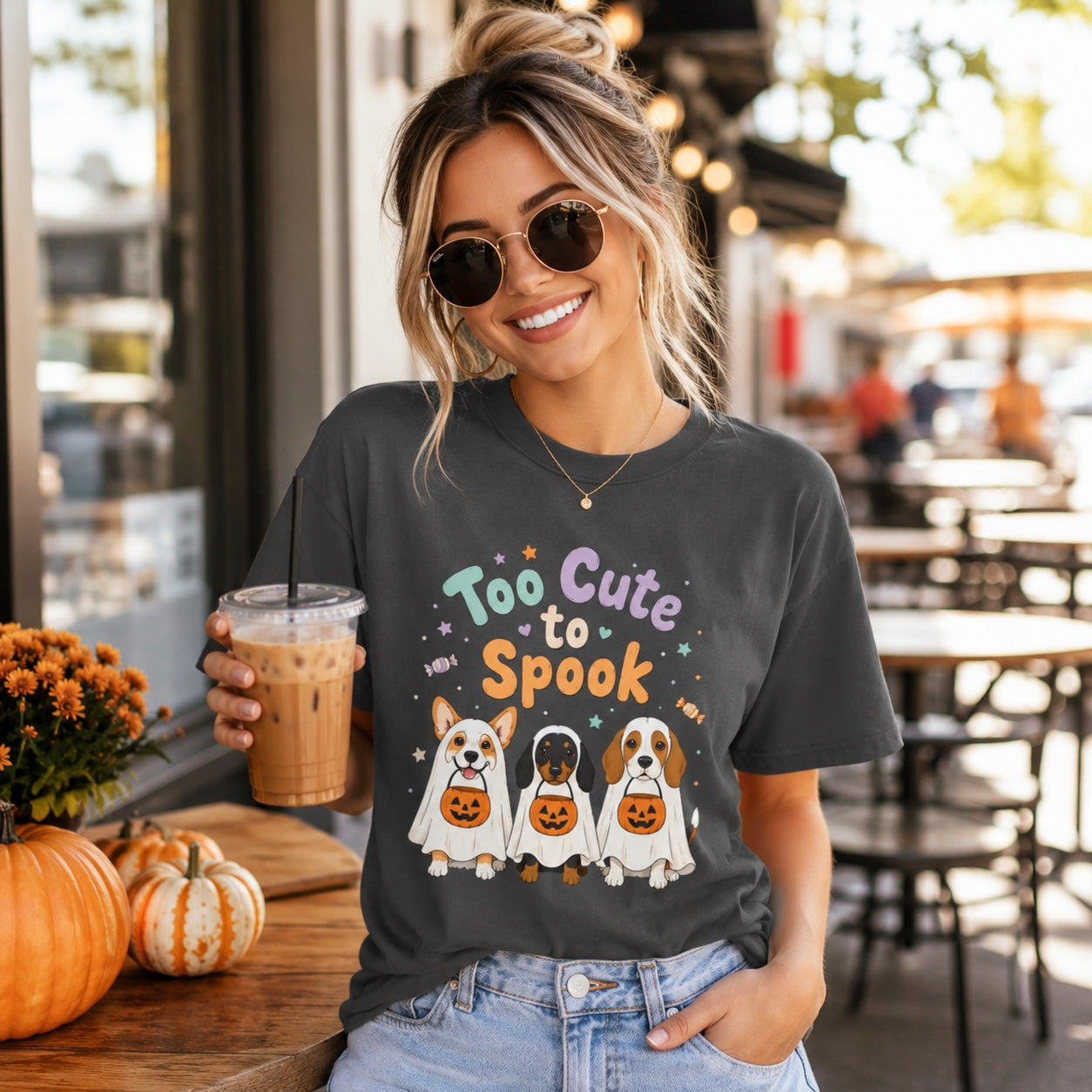 Model wearing a pepper Too Cute to Spook t-shirt with a ghost pup graphic in a Halloween scene