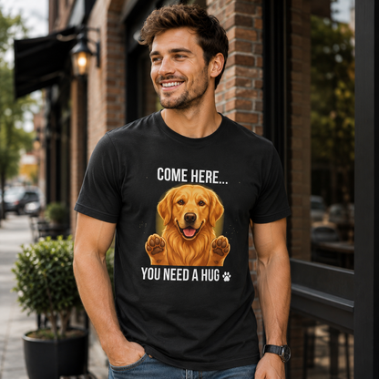 Man wearing a black Come Here You Need a Hug t-shirt in an urban setting with brick architecture