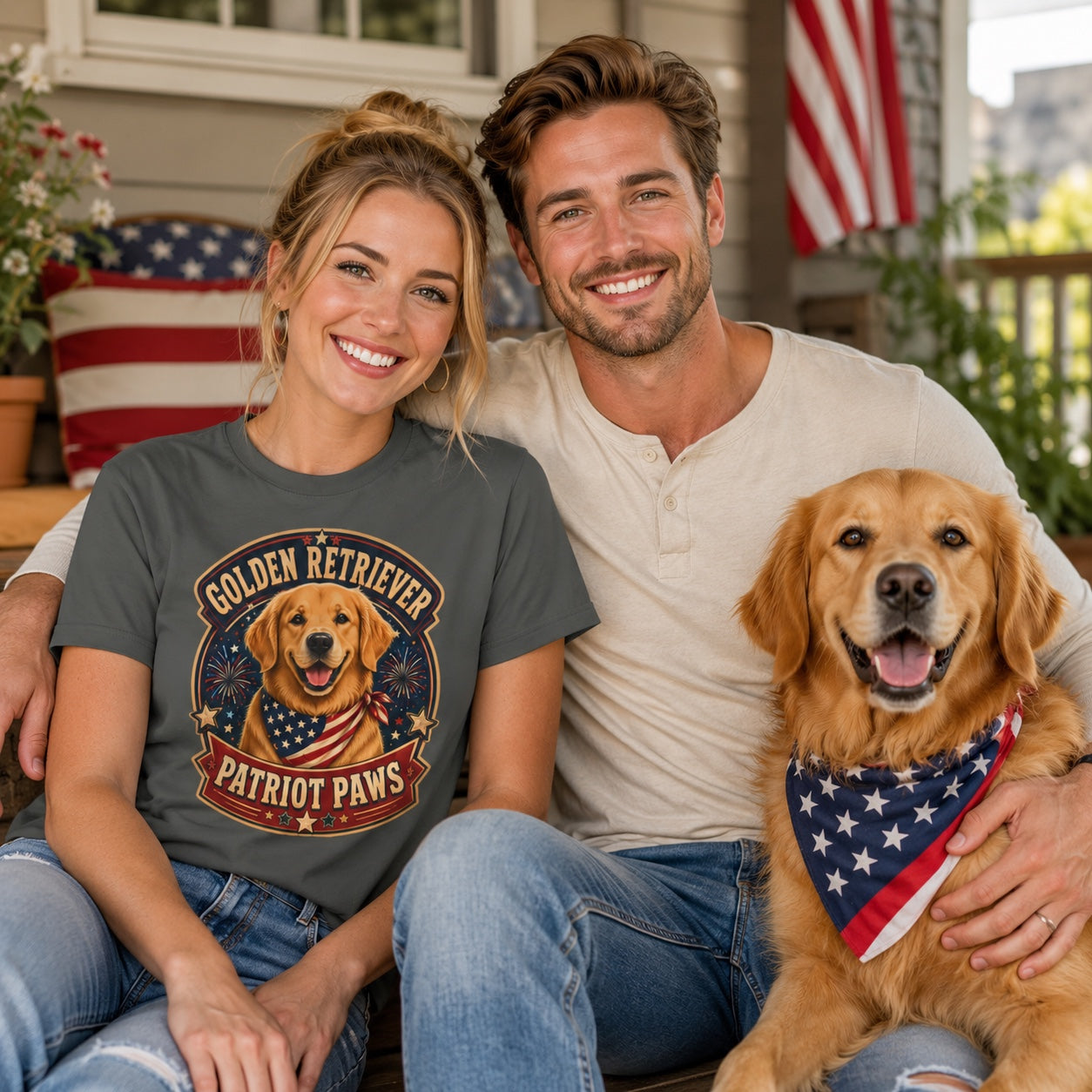 Golden Retriever Patriot Paws T-Shirt | American Flag Bandana Dog Tee | Pet Print Lab