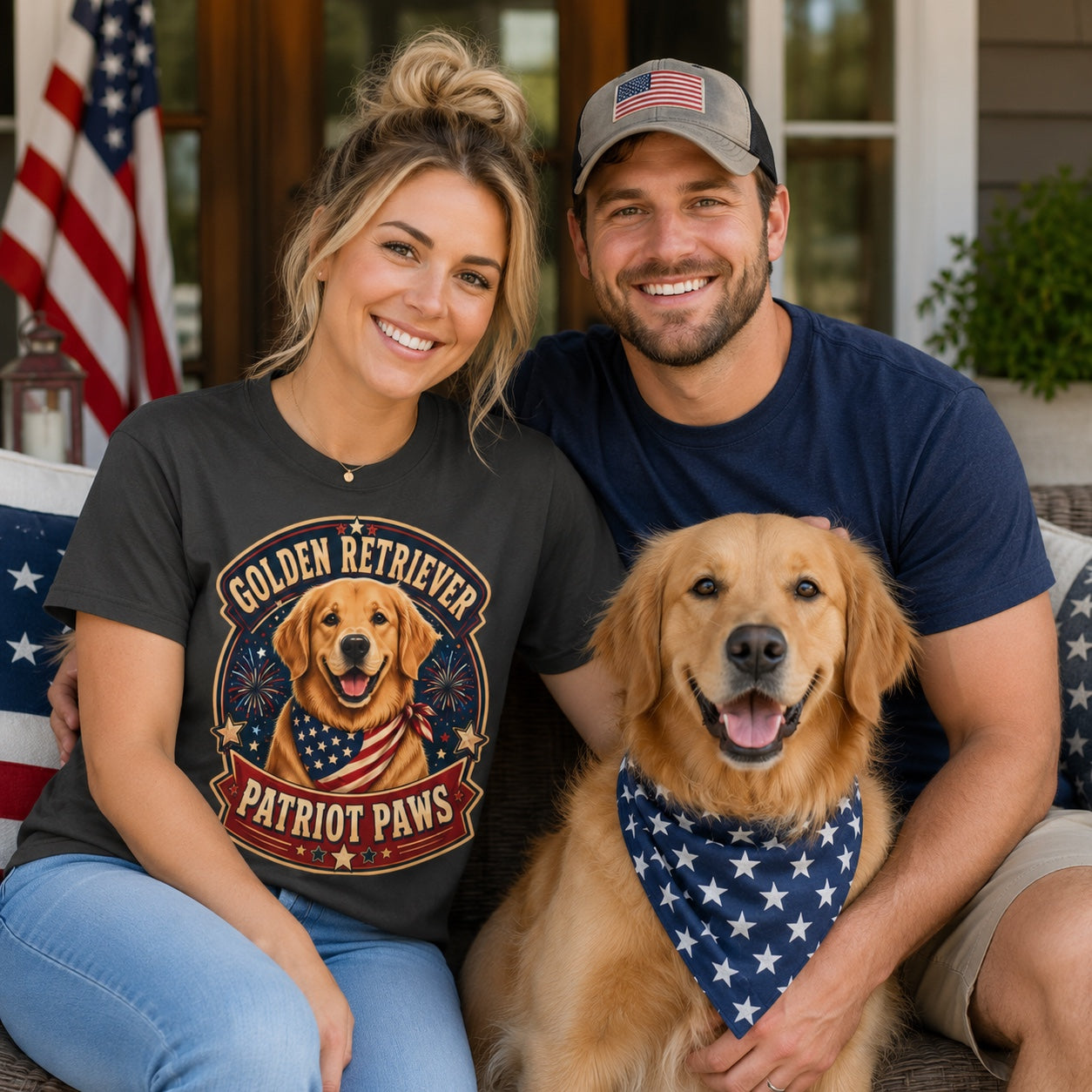 Golden Retriever Patriot Paws T-Shirt | American Flag Bandana Dog Tee | Pet Print Lab