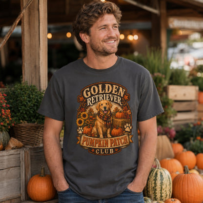 Model wearing a graphite Golden Retriever Pumpkin Patch t-shirt with a Golden Retriever at a pumpkin patch