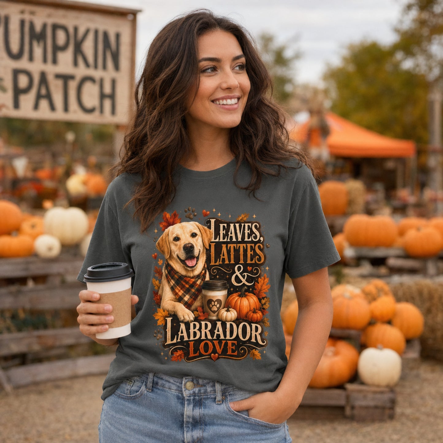 Labrador Fall T-Shirt | Leaves & Lattes Autumn Dog Tee | Pet Print Lab