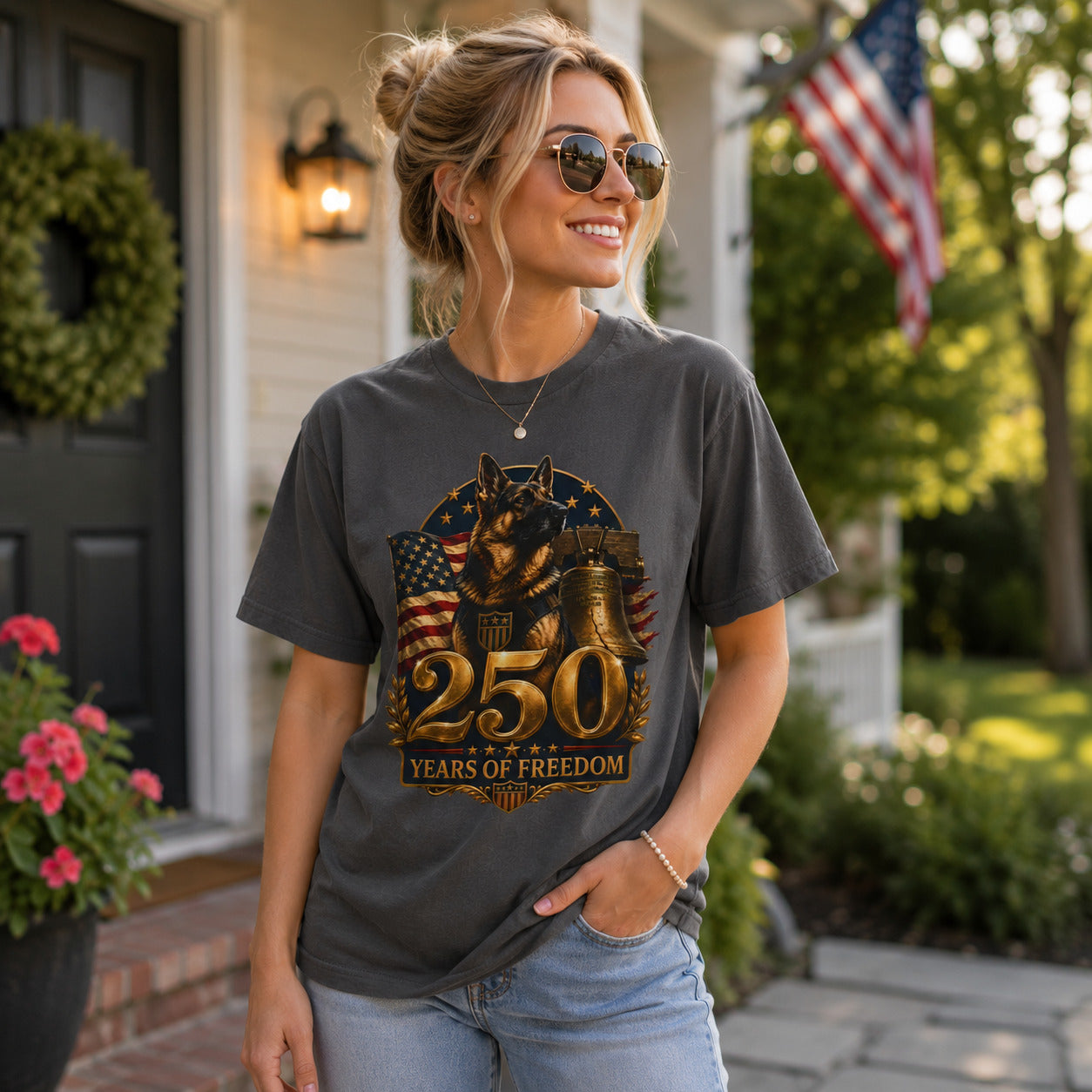 250 Years of Freedom Patriotic T-Shirt — American Flag, Liberty Bell & K9 Tribute