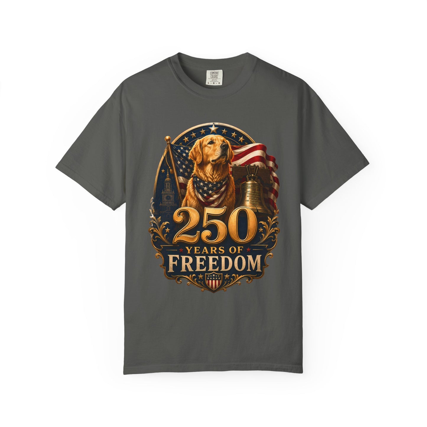 T-Shirt — 250 Years of Freedom Patriotic Dog Tee (American Flag, Liberty Bell)