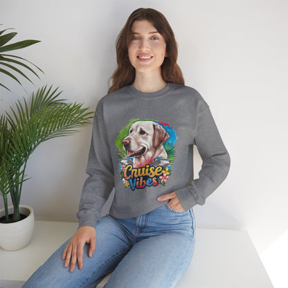 Woman wearing a graphite heather unisex heavy blend crewneck sweatshirt featuring colorful Labrador “Cruise Vibes” artwork and cozy fit.