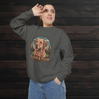 Woman wearing a pepper unisex garment-dyed crewneck sweatshirt with colorful Labrador design and vintage dog lover theme.