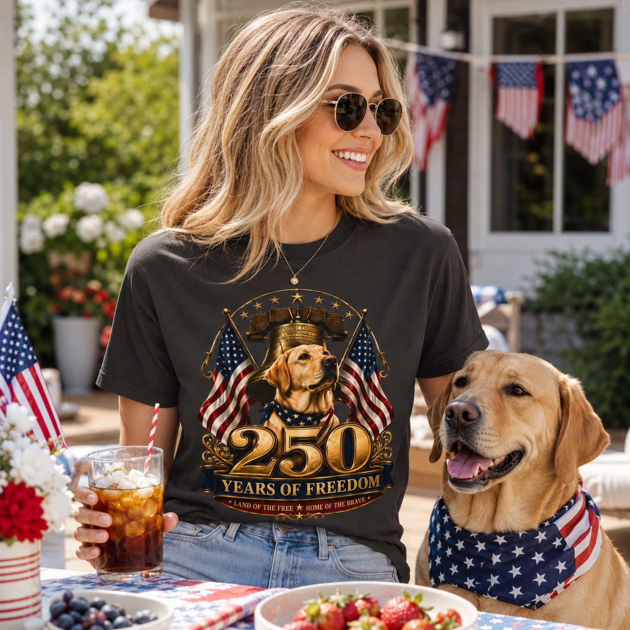 Woman in a graphite patriotic dog t-shirt at an outdoor picnic with flags