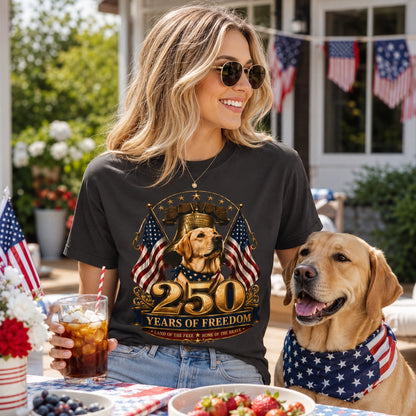 Woman in a graphite patriotic dog t-shirt at an outdoor picnic with flags