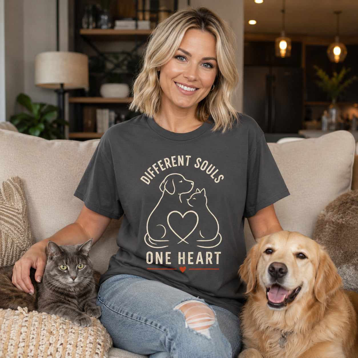 Different Souls One Heart T-Shirt | Dog & Cat Lover Tee | Pet Print Lab