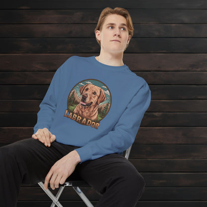 Man wearing a blue jean unisex garment-dyed crewneck sweatshirt featuring colorful Labrador Retriever graphic and casual everyday style.