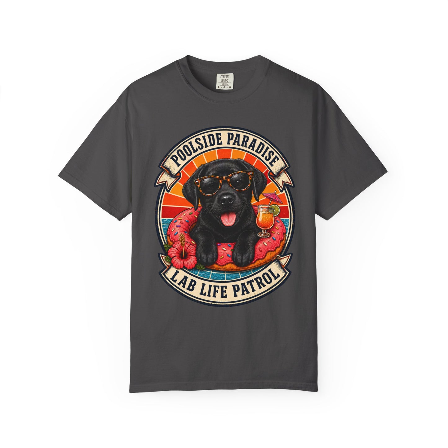 Poolside Paradise Lab Life Petrol - Black Labrador Unisex Garment-Dyed T-shirt