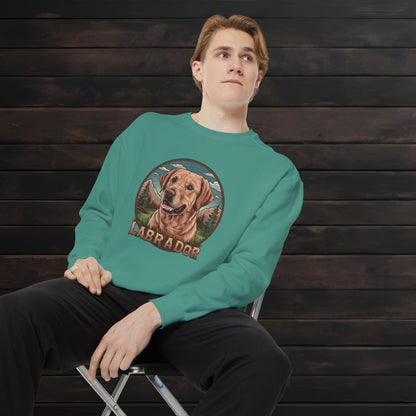 Man modeling a light green unisex garment-dyed crewneck sweatshirt featuring Labrador Retriever illustration and vintage casual style.