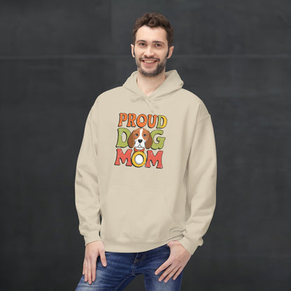 Man wearing a sand-colored “Proud Dog Mom” hoodie featuring colorful retro typography, stylish dog lover hoodie with relaxed casual fit.