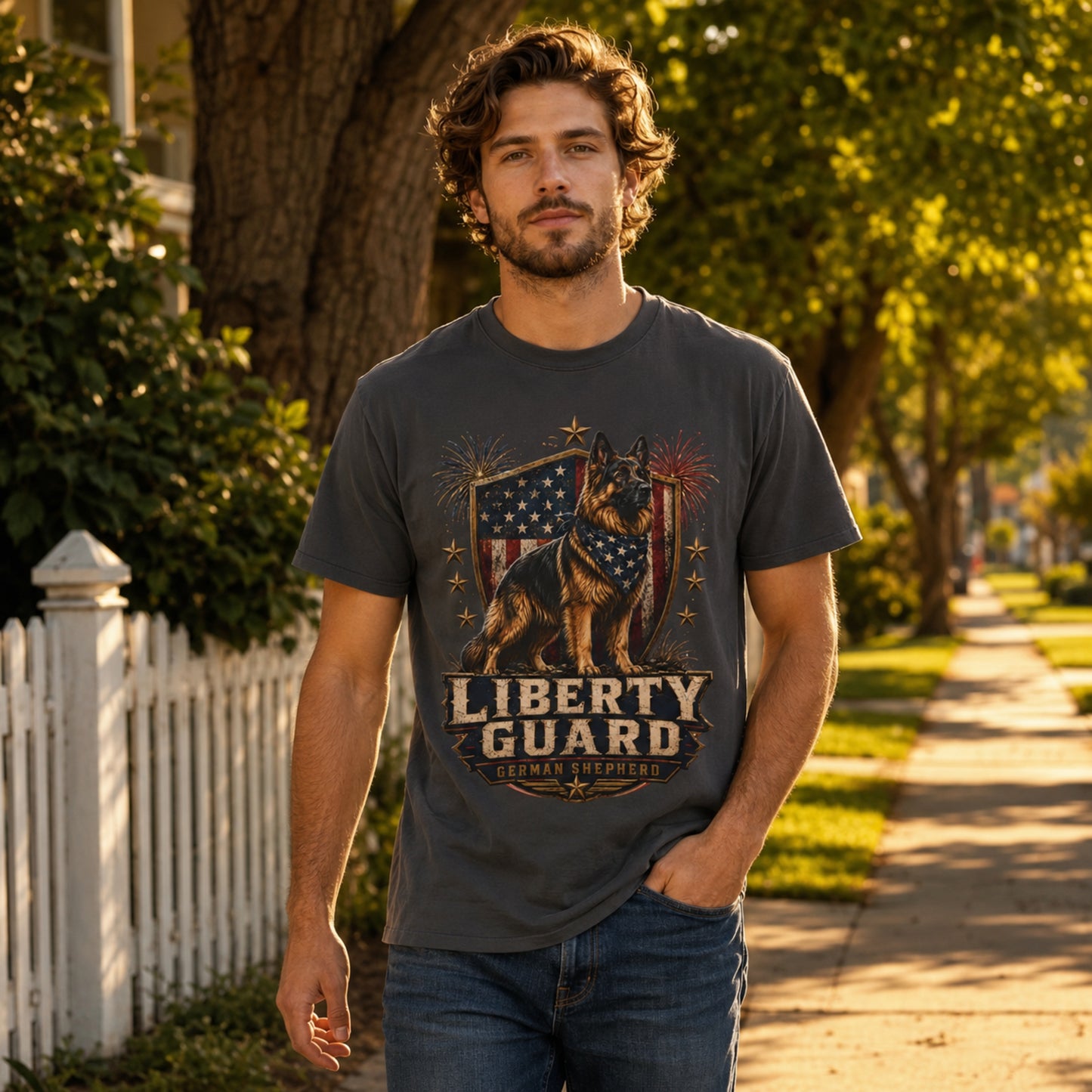 Liberty Guard German Shepherd T-Shirt — Patriotic American Flag Dog Tee