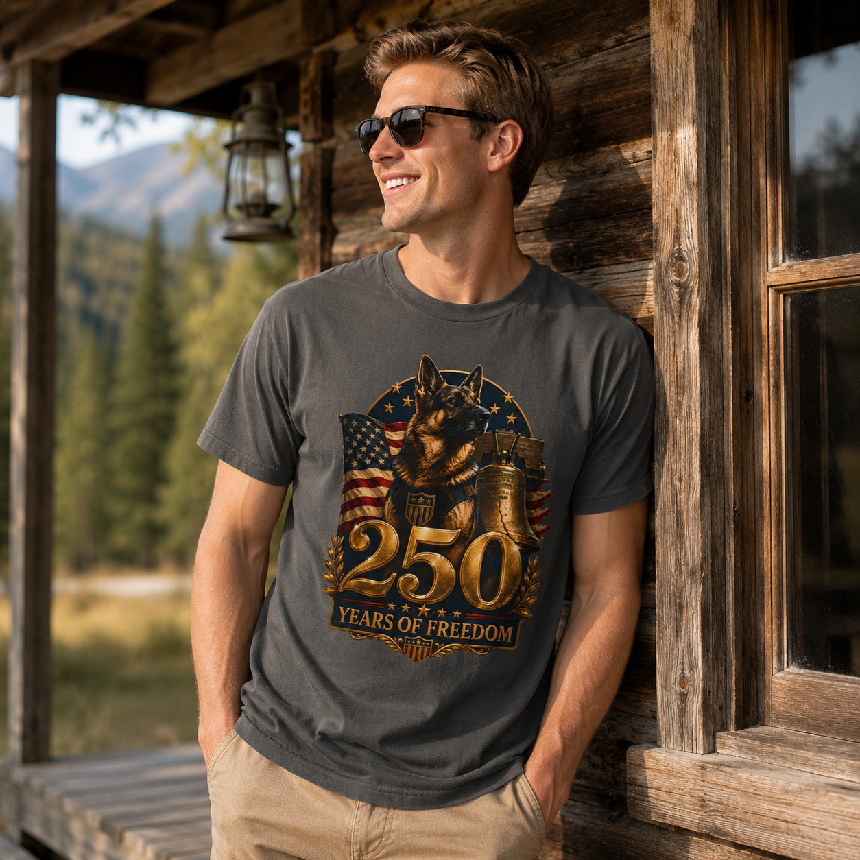 250 Years of Freedom Patriotic T-Shirt — American Flag, Liberty Bell & K9 Tribute