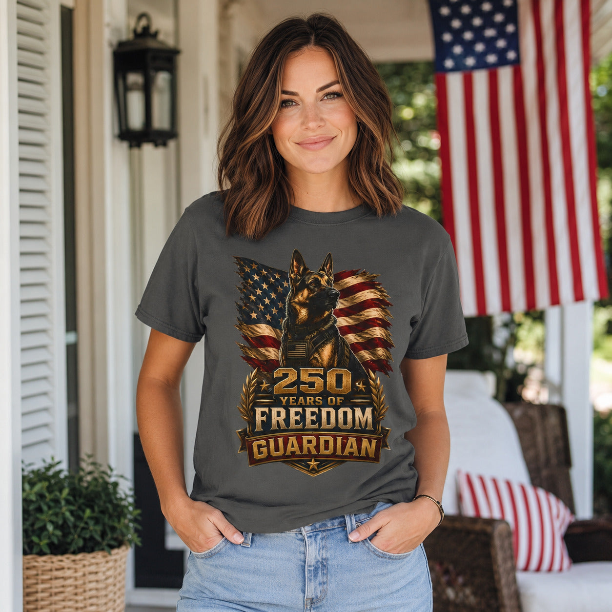 T-Shirt — "250 Years of Freedom" Guardian K9 American Flag Tee