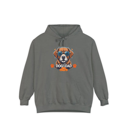 Grey unisex “Dog Dad” hoodie mockup featuring a colorful sunglasses dog graphic with orange paw accents, stylish dog lover hoodie for casual everyday wear.