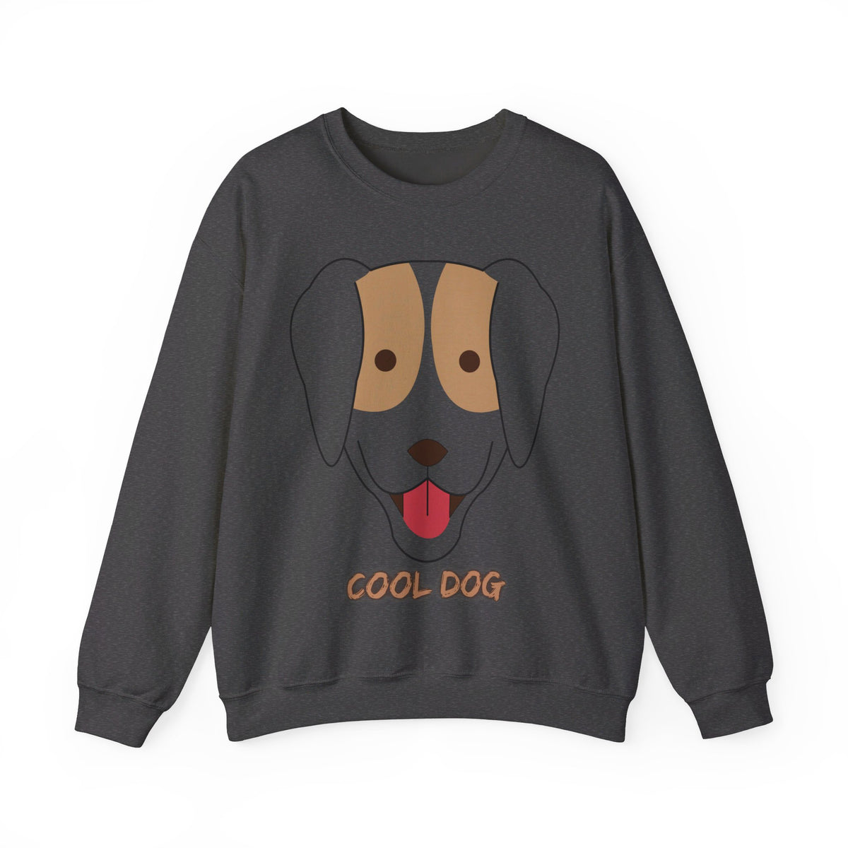 Flat lay product image of a dark heather unisex heavy blend crewneck sweatshirt with playful “Cool Dog” artwork and soft fleece comfort.