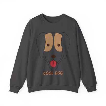 Flat lay product image of a dark heather unisex heavy blend crewneck sweatshirt with playful “Cool Dog” artwork and soft fleece comfort.