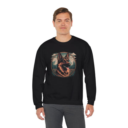 Man wearing a black unisex German Shepherd crewneck sweatshirt with detailed canine graphic and relaxed fit styling.
