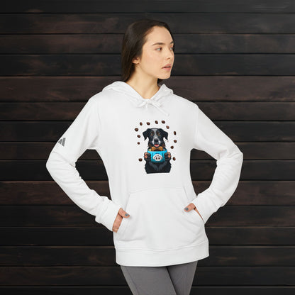 Woman modeling a white adidas unisex fleece hoodie featuring a playful coffee cup and puppy graphic design against a rustic wooden background.