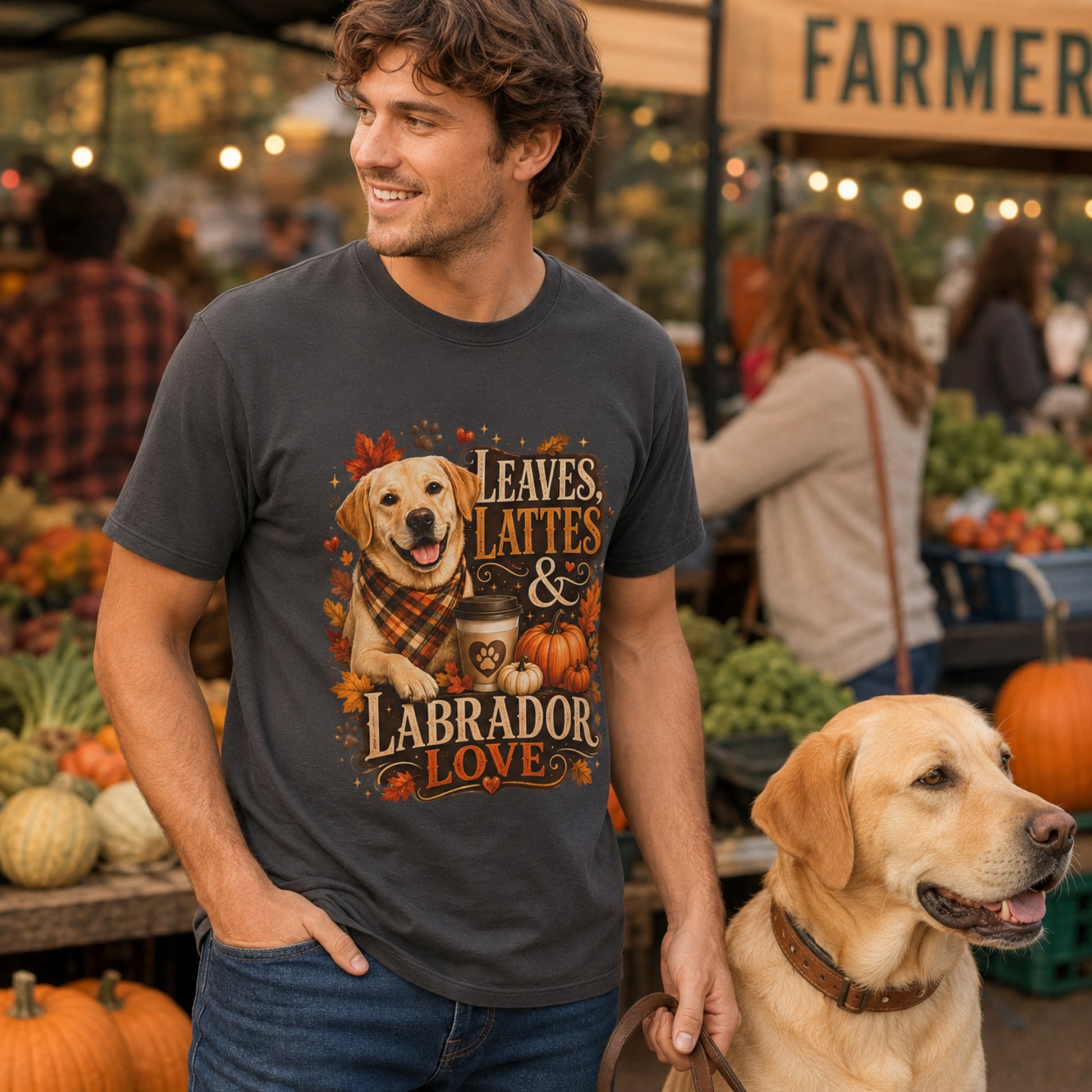 Model wearing a graphite Leaves Lattes & Labrador Love t-shirt with a Labrador in an autumn scene