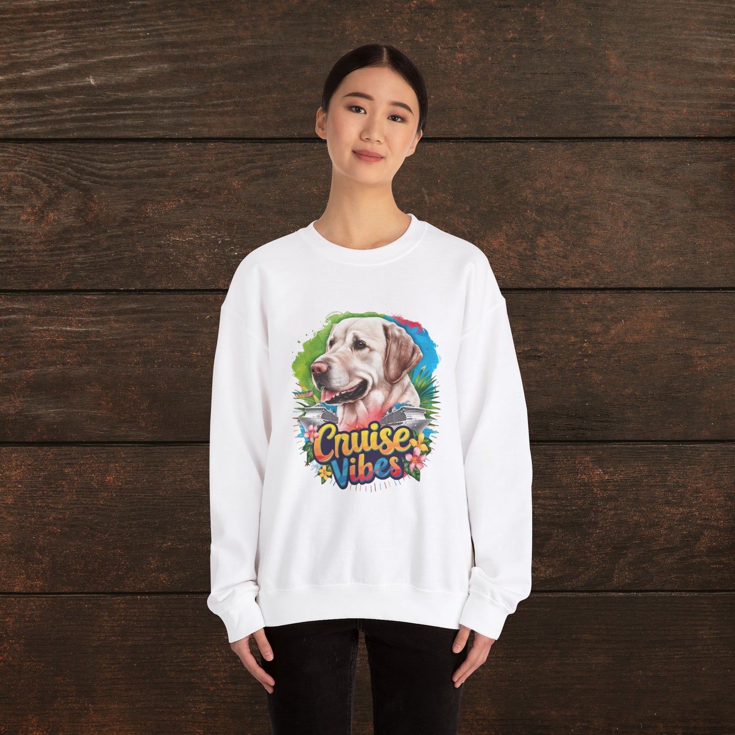 Cruise Vibes – Unisex Heavy Blend™ Crewneck Sweatshirt Featuring a Labrador 🐾🛳️🐕