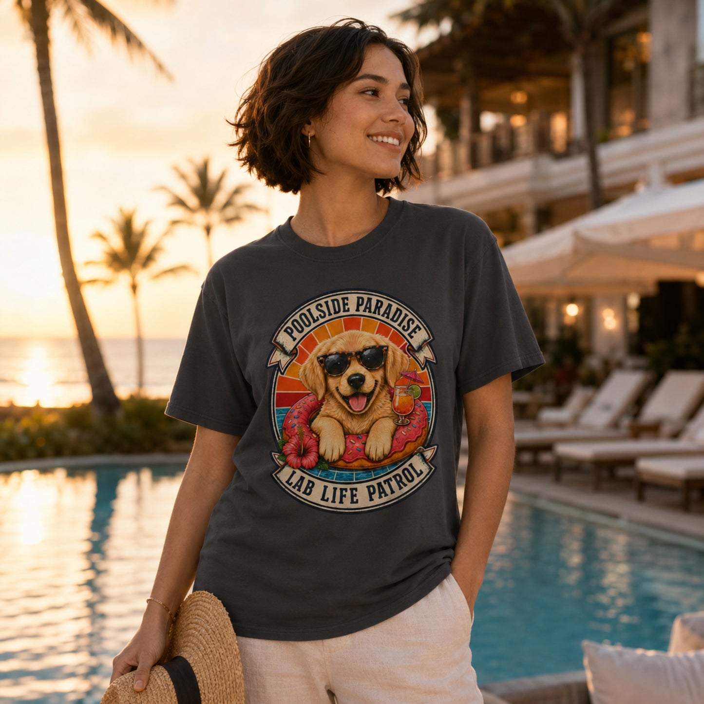 Poolside Paradise T-Shirt | Golden Retriever Puppy Pool Float Tee | Pet Print Lab