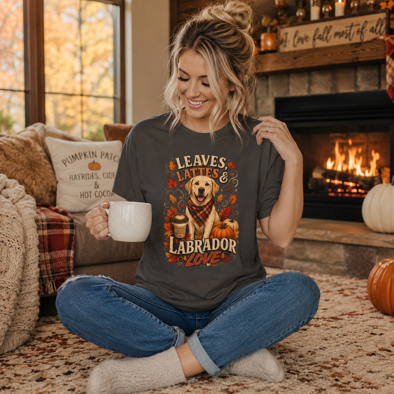 Woman wearing graphite Labrador fall t-shirt holding a mug by the fireplace