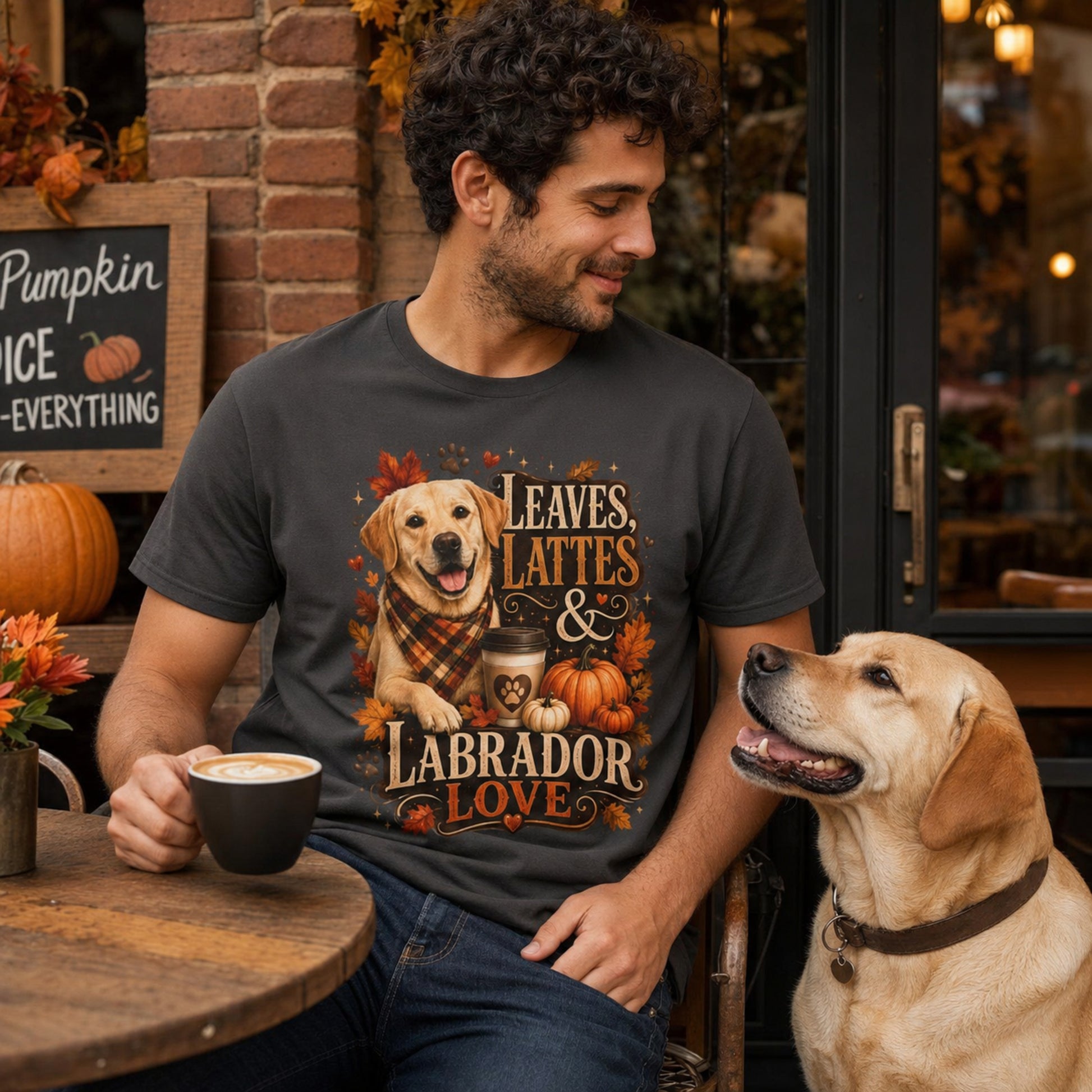 Model wearing a graphite Leaves Lattes & Labrador Love t-shirt with a Labrador in an autumn scene