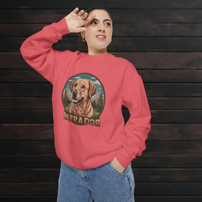 Woman posing in a watermelon unisex garment-dyed crewneck sweatshirt with Labrador dog graphic and cozy pet lover design.
