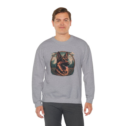Man posing in a graphite heather unisex German Shepherd crewneck sweatshirt featuring detailed German Shepherd artwork and casual relaxed fit.