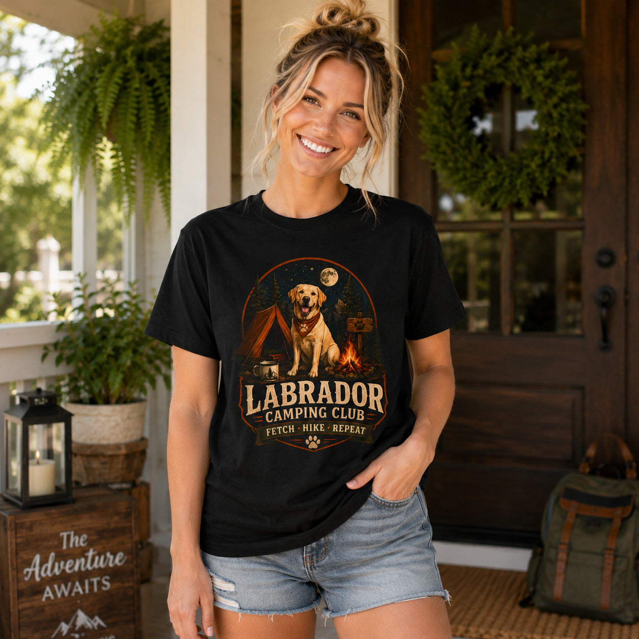 Labrador Camping Club T-Shirt — "Fetch • Hike • Repeat" Dog Lover Tee
