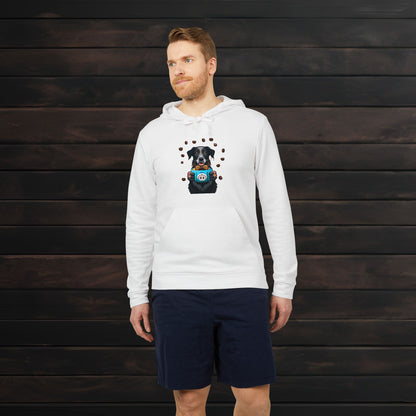 Man modeling a white adidas unisex fleece hoodie with colorful coffee and dog themed design in a relaxed casual pose.