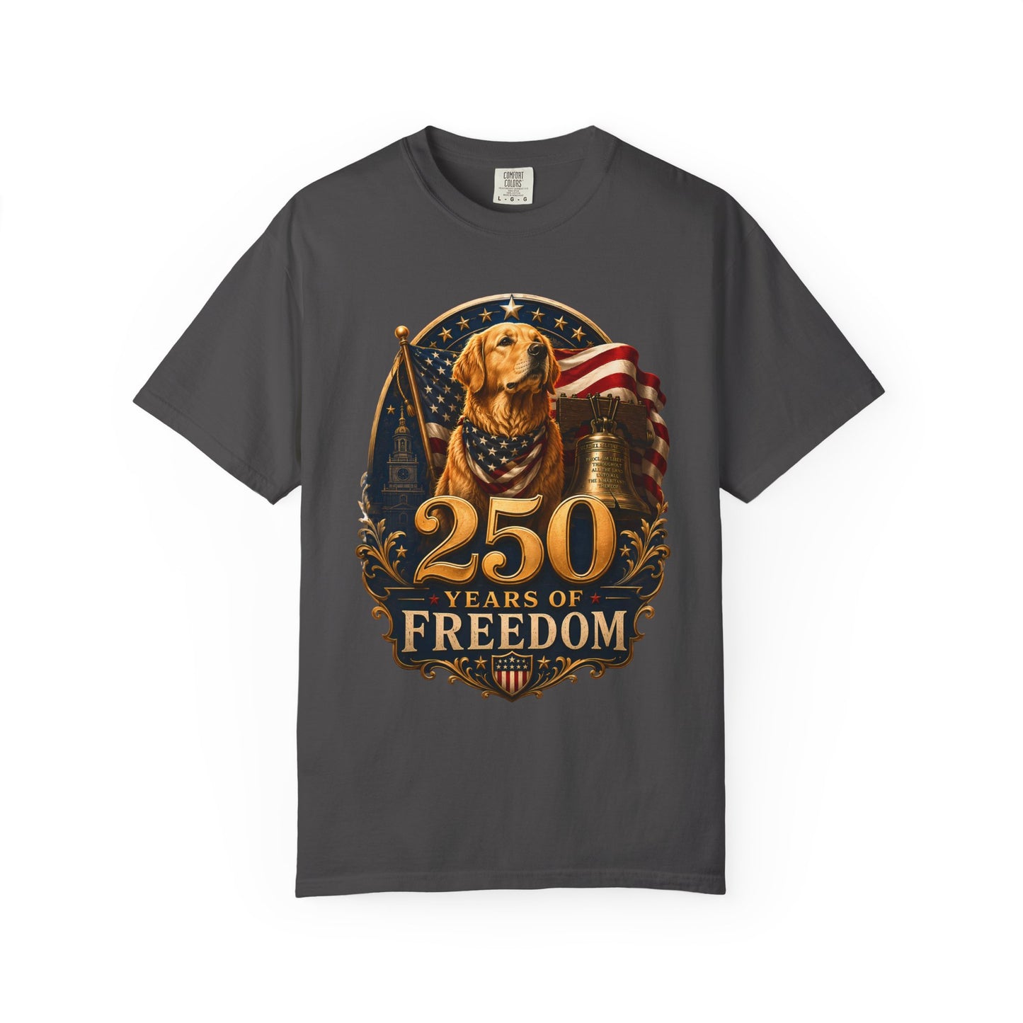 T-Shirt — 250 Years of Freedom Patriotic Dog Tee (American Flag, Liberty Bell)
