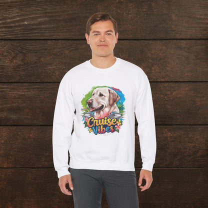 Man modeling a white unisex heavy blend crewneck sweatshirt with bold Labrador cruise-inspired artwork and relaxed fit.