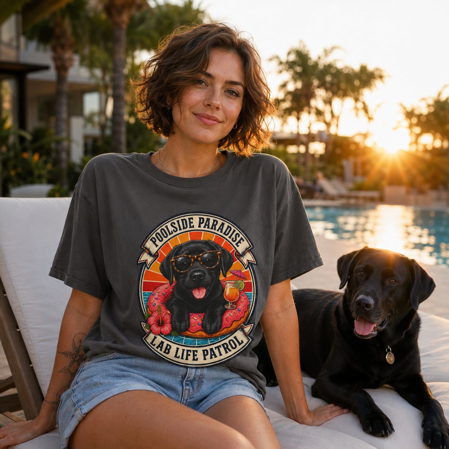 Poolside Paradise T-Shirt | Black Labrador Puppy Pool Float Tee | Pet Print Lab