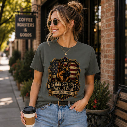 Model wearing a pepper Patriot Club t-shirt with a German Shepherd in a patriotic scene